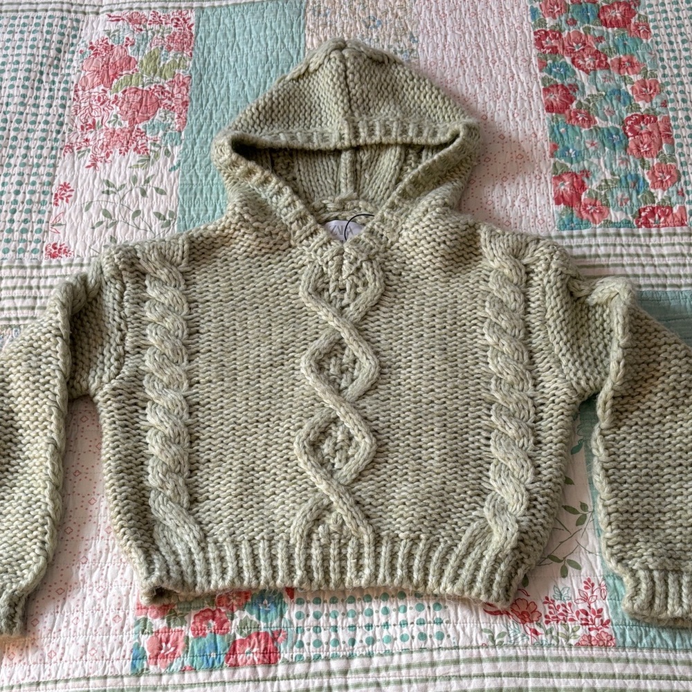 Zara Pale Mint Green Cable Knit Hooded Sweater